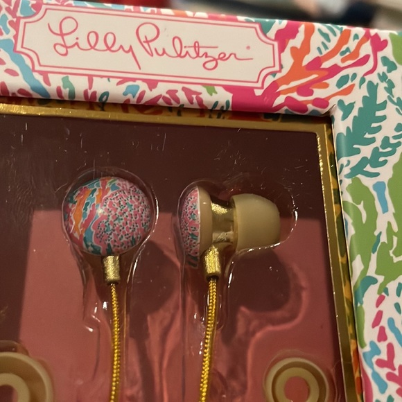 LILLY PULITZER Earbuds Lets Cha Cha Turquoise Pink Coral Gold Cord Headphones - Picture 3 of 5